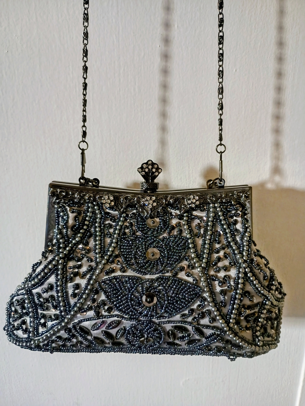Beaded Evening Clutch Bag in Metallic Gray Size 8x5x2 Inches